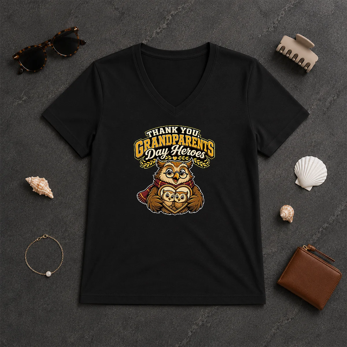 Pretty Grandparents Day Gratitude Owl Mascot V-Neck Shirt Pretty Grandparents Day Gratitude Owl Mascot V-Neck Shirt