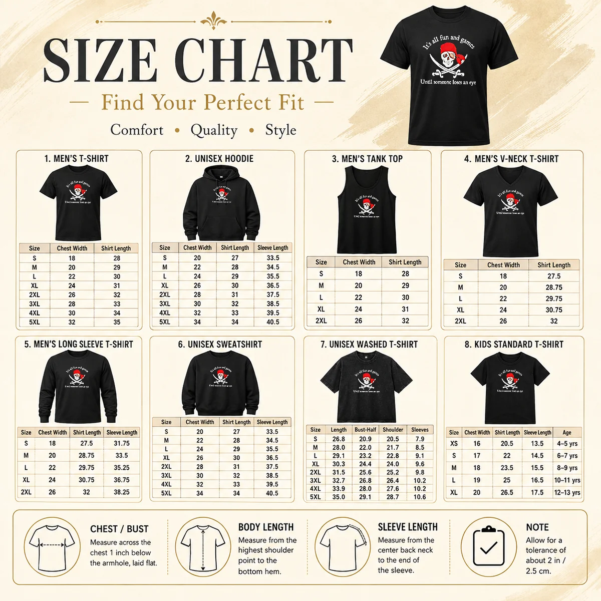 Pretty It'S All Fun And Games Until Someone Loses An Eye Pirate Skull Size Chart Size chart for Pretty It'S All Fun And Games Until Someone Loses An Eye Pirate Skull with measurements in inches and cm