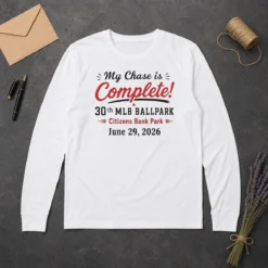 Pretty My Chase Is Complete 30th Ballpark Citizens Bank Park June 29 2026 Long Sleeve Shirt in white with bold text design