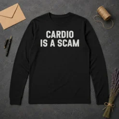 Pretty Top Cardio Is A Scam long sleeve shirt in black with bold white text on front