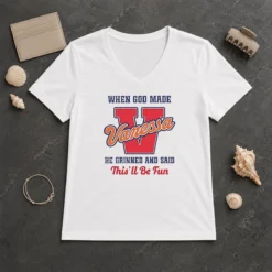 Pretty Vanessa When God Made He Grinned And Said This'Ll Be Fun V Neck Shirt in soft fabric with short sleeves
