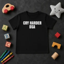 Top Awesome Cry Harder DSA Political Satire Kids T Shirt featuring bold political satire graphic on soft cotton fabric