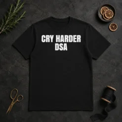Top Awesome Cry Harder DSA Political Satire t shirt in black, crew neck short sleeve cotton tee