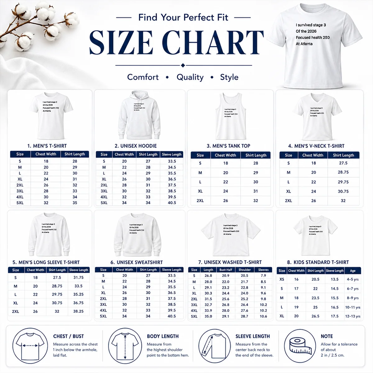 Top I Survived Stage 3 Of The 2026 Focused Health 250 At Atlanta Size Chart Size chart for Top I Survived Stage 3 Of The 2026 Focused Health 250 At Atlanta with measurements in inches and cm