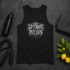 Top Lift Heavy Pet Cats Metal Tank Top featuring heavy metal cat graphic on lightweight sleeveless cotton fabric