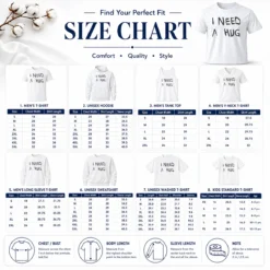 Size chart for Awesome Good I Need A Hug Affection Comfort Mental Health with measurements in inches and cm to help choose the right fit