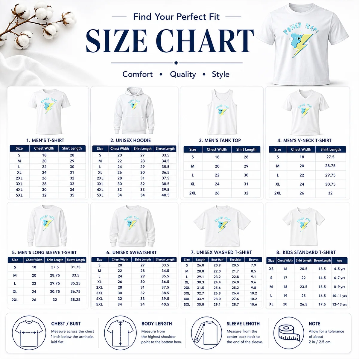 Awesome Hot Koya BT21 Power Nap Lightning Bolt Sleeping Size Chart Size chart for Awesome Hot Koya BT21 Power Nap Lightning Bolt Sleeping with measurements in inches and cm to help choose the right fit