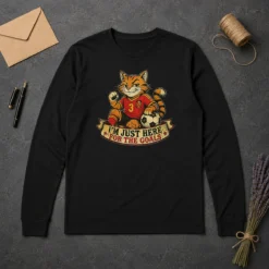 Awesome Spanish Soccer Cat Meme Im Just Here For The Goals Retro Dis Long Sleeve Shirt