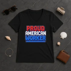 Funny Awesome Labour Day Proud American Worker Pixel V-Neck Shirt