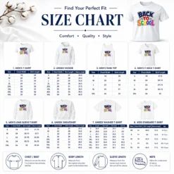 Size chart for Funny Pretty Retro Distressed Back To School Typography with measurements in inches and cm to help choose the right fit