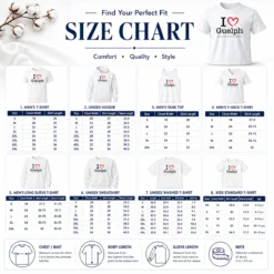 Size chart for Happy Hot I Love Guelph Even With Construction with measurements in inches and cm to help choose the right fit