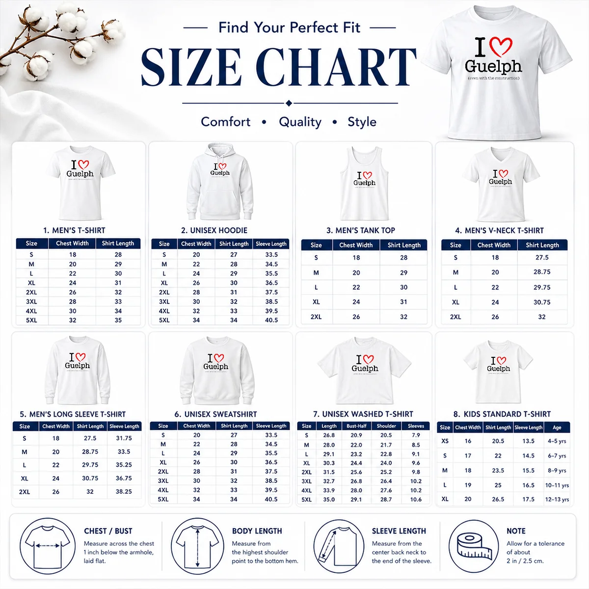 Happy Hot I Love Guelph Even With Construction Size Chart Size chart for Happy Hot I Love Guelph Even With Construction with measurements in inches and cm to help choose the right fit