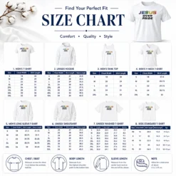 Size chart for Hot Awesome Jesus Over Pride with measurements in inches and cm to help choose the right fit