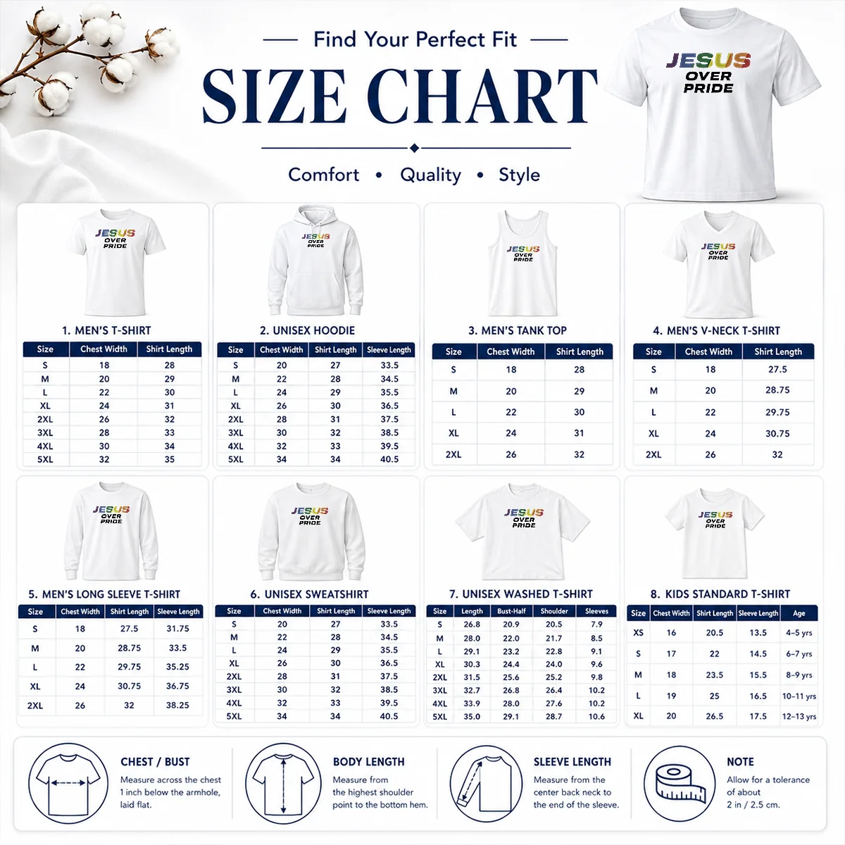 Hot Awesome Jesus Over Pride Size Chart Size chart for Hot Awesome Jesus Over Pride with measurements in inches and cm to help choose the right fit
