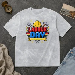 Hot Awesome Labour Day Pixel Art Thank You Workers Hard Hat Washed T-Shirt