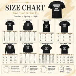 Size chart for Hot Funny Iced Coffee Fuck Powered Machine with measurements in inches and cm to help choose the right fit