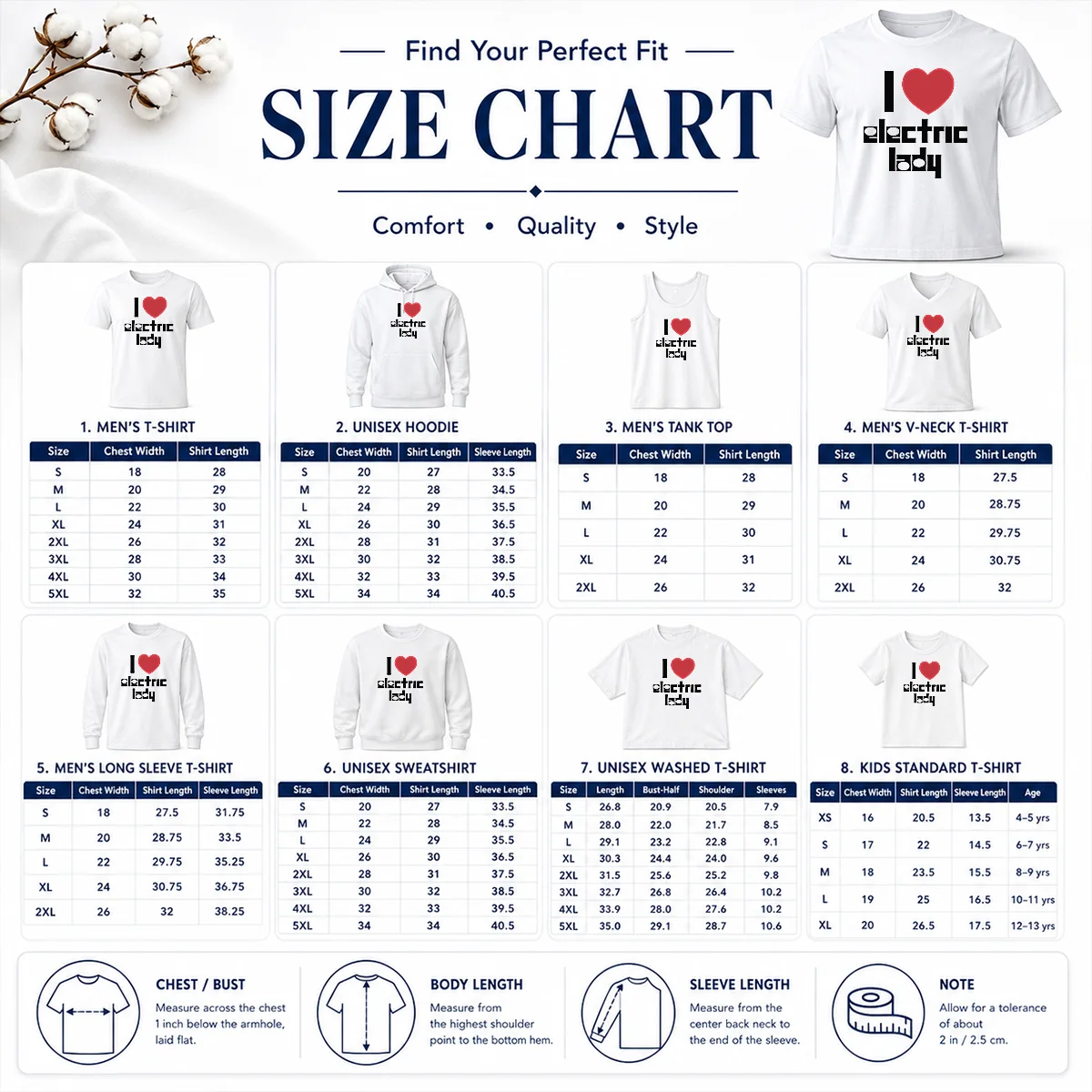 Hot Nice I Love Electric Lady Jimi Hendrix Rock Music Size Chart Size chart for Hot Nice I Love Electric Lady Jimi Hendrix Rock Music with measurements in inches and cm to help choose the right fit