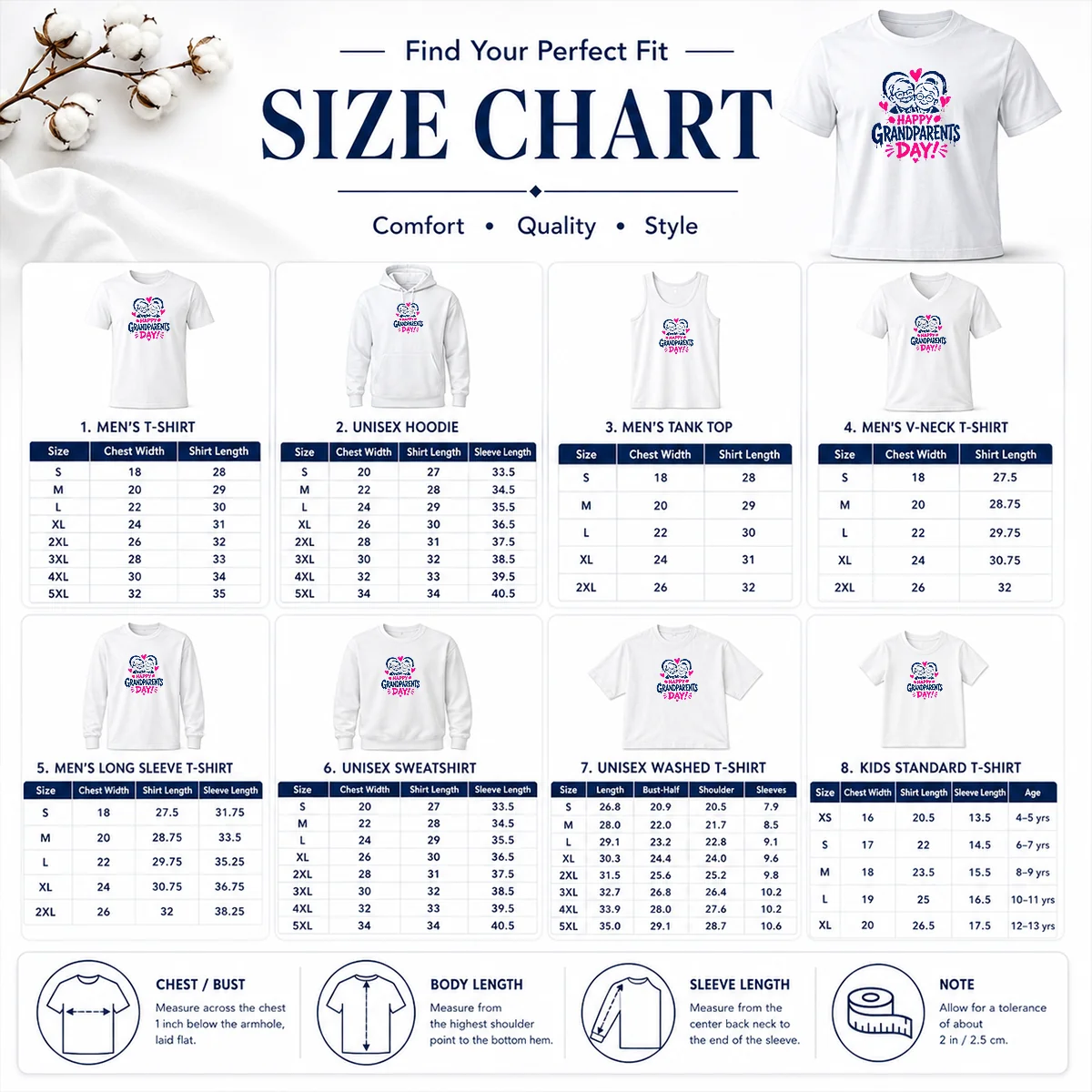 Hot Premium Happy Grandparents Day Grunge Paint Splatter Heart Size Chart Size chart for Hot Premium Happy Grandparents Day Grunge Paint Splatter Heart with measurements in inches and cm to help choose the right fit