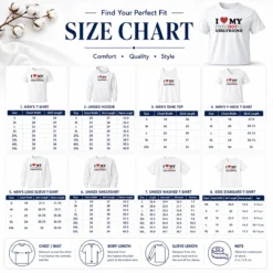 Size chart for Nice Pretty I Love My Psychotic Girlfriend Sarcastic with measurements in inches and cm to help choose the right fit
