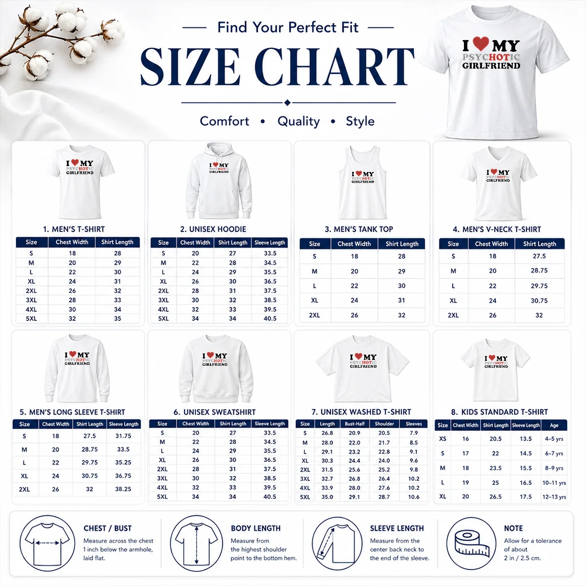 Nice Pretty I Love My Psychotic Girlfriend Sarcastic Size Chart Size chart for Nice Pretty I Love My Psychotic Girlfriend Sarcastic with measurements in inches and cm to help choose the right fit