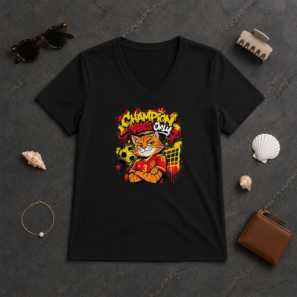Nice Spanish Soccer Cat Champion Vibes V-Neck Shirt Nice Spanish Soccer Cat Champion Vibes V-Neck Shirt