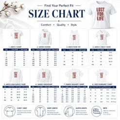 Size chart for Nice Top Lust For Life Distressed Iggy Pop Music with measurements in inches and cm to help choose the right fit