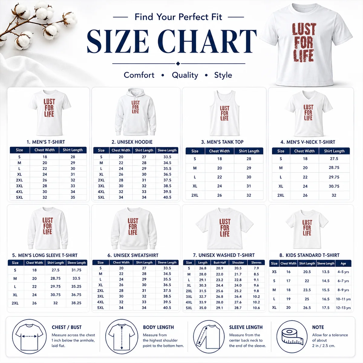 Nice Top Lust For Life Distressed Iggy Pop Music Size Chart Size chart for Nice Top Lust For Life Distressed Iggy Pop Music with measurements in inches and cm to help choose the right fit