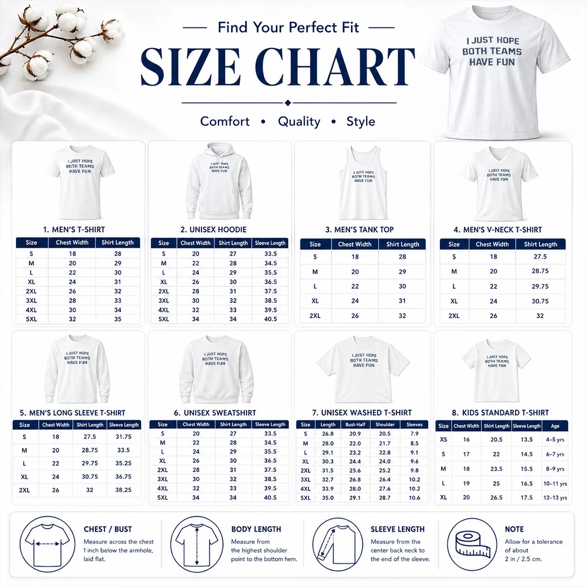 Premium Official I Just Hope Both Teams Have Fun Football Size Chart Size chart for Premium Official I Just Hope Both Teams Have Fun Football with measurements in inches and cm to help choose the right fit