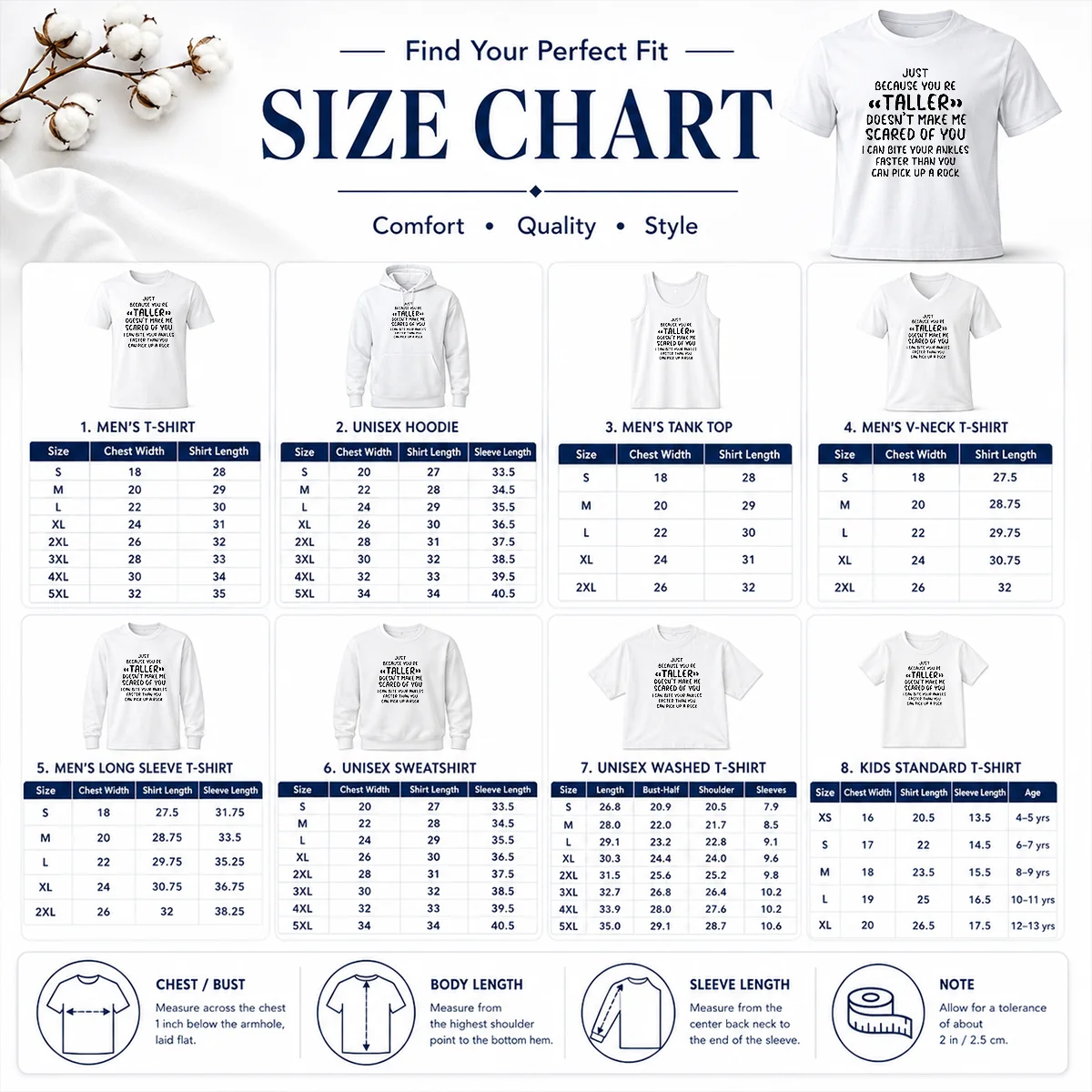 Premium Pretty Just Because You Are Taller Doesn'T Make Me Scared Of You Size Chart Size chart for Premium Pretty Just Because You Are Taller Doesn'T Make Me Scared Of You with measurements in inches and cm to help choose the right fit