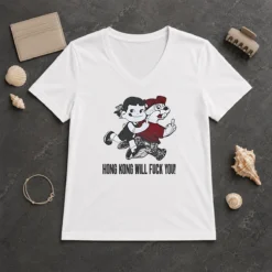 Pretty Top Hong Kong Will Fuck You Cartoon Middle Finger V-Neck Shirt