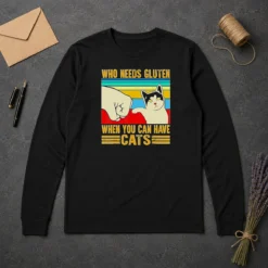 Pretty WHO Needs Gluten When You Can Have Cats Retro Fist Bump Long Sleeve Shirt