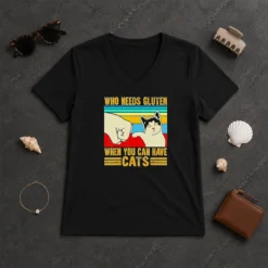 Pretty WHO Needs Gluten When You Can Have Cats Retro Fist Bump V-Neck Shirt