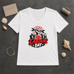Top Official Labour Day Workers Silhouette Fist Wrench Grunge V-Neck Shirt